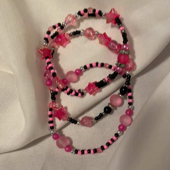 Handmade Jewelry Bracelet 3 Stack & Bead Enhanced Hair Elastic Pink & Black - Picture 3 of 7